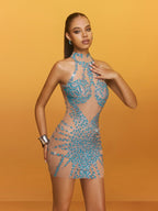 Sheer Mesh Halter High Neck Rhinestone Embellished Bodycon Mini Dress