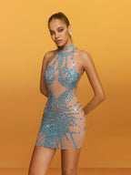 Sheer Mesh Halter High Neck Rhinestone Embellished Bodycon Mini Dress