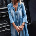 Tiered Ruffle Neck Drawstring V-Neck Long Sleeve Maxi Dress