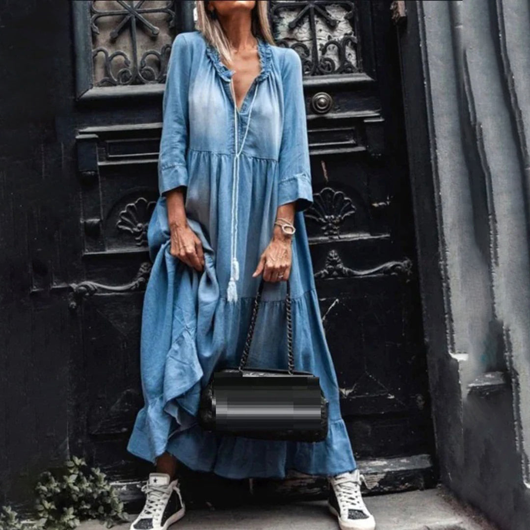 Tiered Ruffle Neck Drawstring V-Neck Long Sleeve Maxi Dress