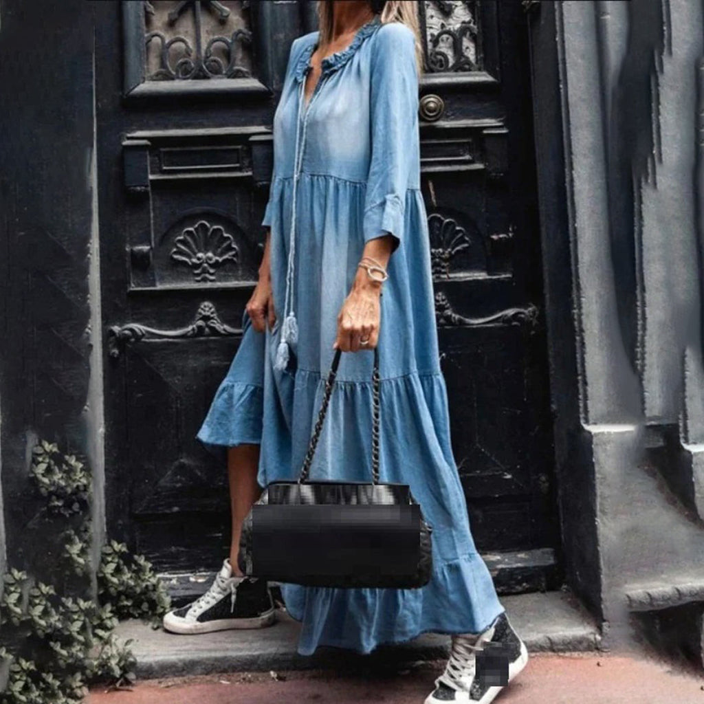 Tiered Ruffle Neck Drawstring V-Neck Long Sleeve Maxi Dress