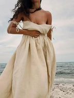 Tie Shoulder Open Back Gathered Linen Look Maxi Dress
