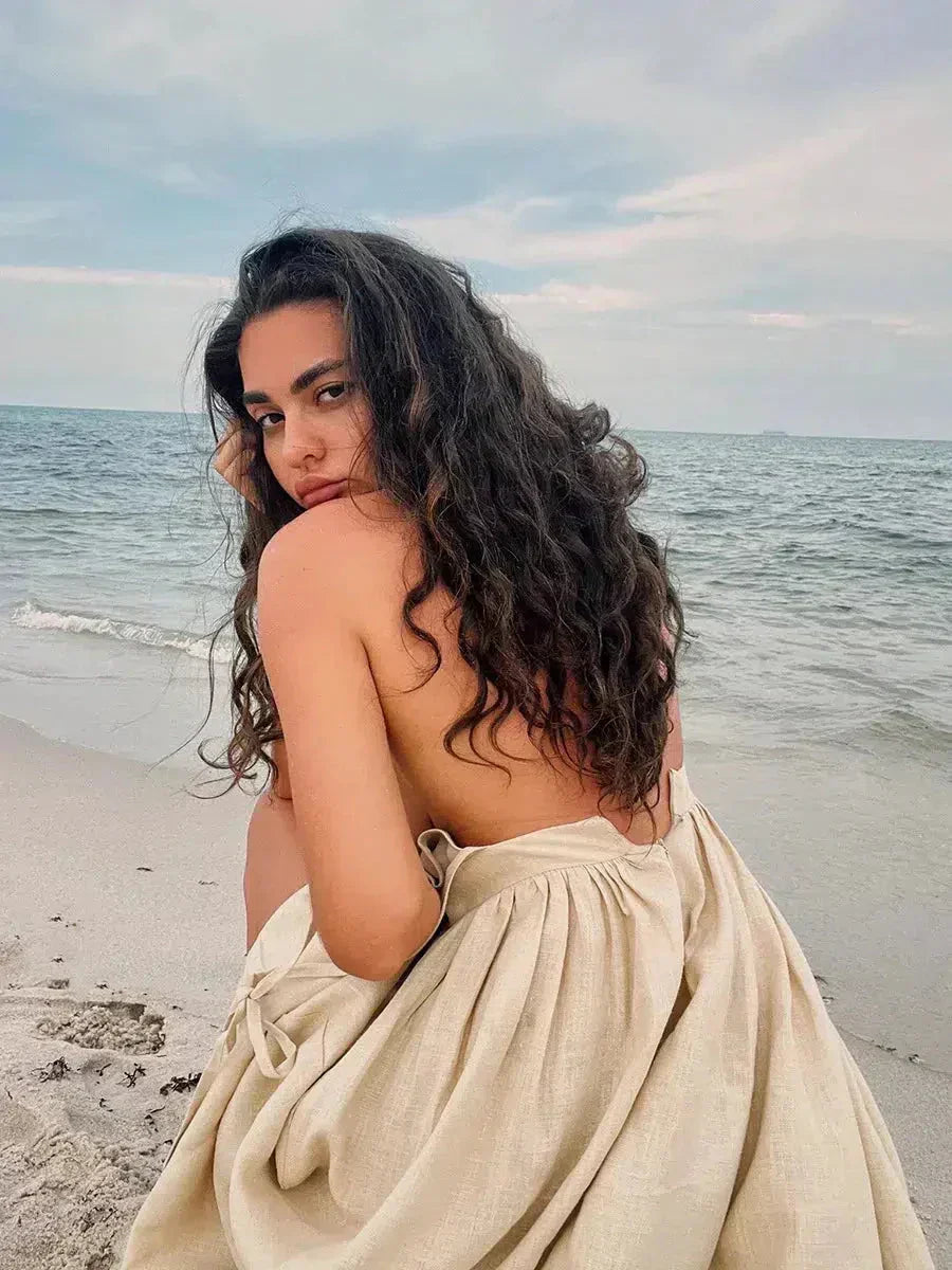 Tie Shoulder Open Back Gathered Linen Look Maxi Dress