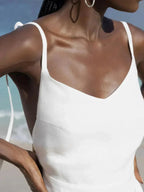 Tie Shoulder Open Back Gathered Linen Look Maxi Dress