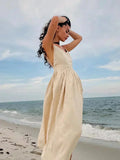 Tie Shoulder Open Back Gathered Linen Look Maxi Dress