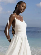 Tie Shoulder Open Back Gathered Linen Look Maxi Dress
