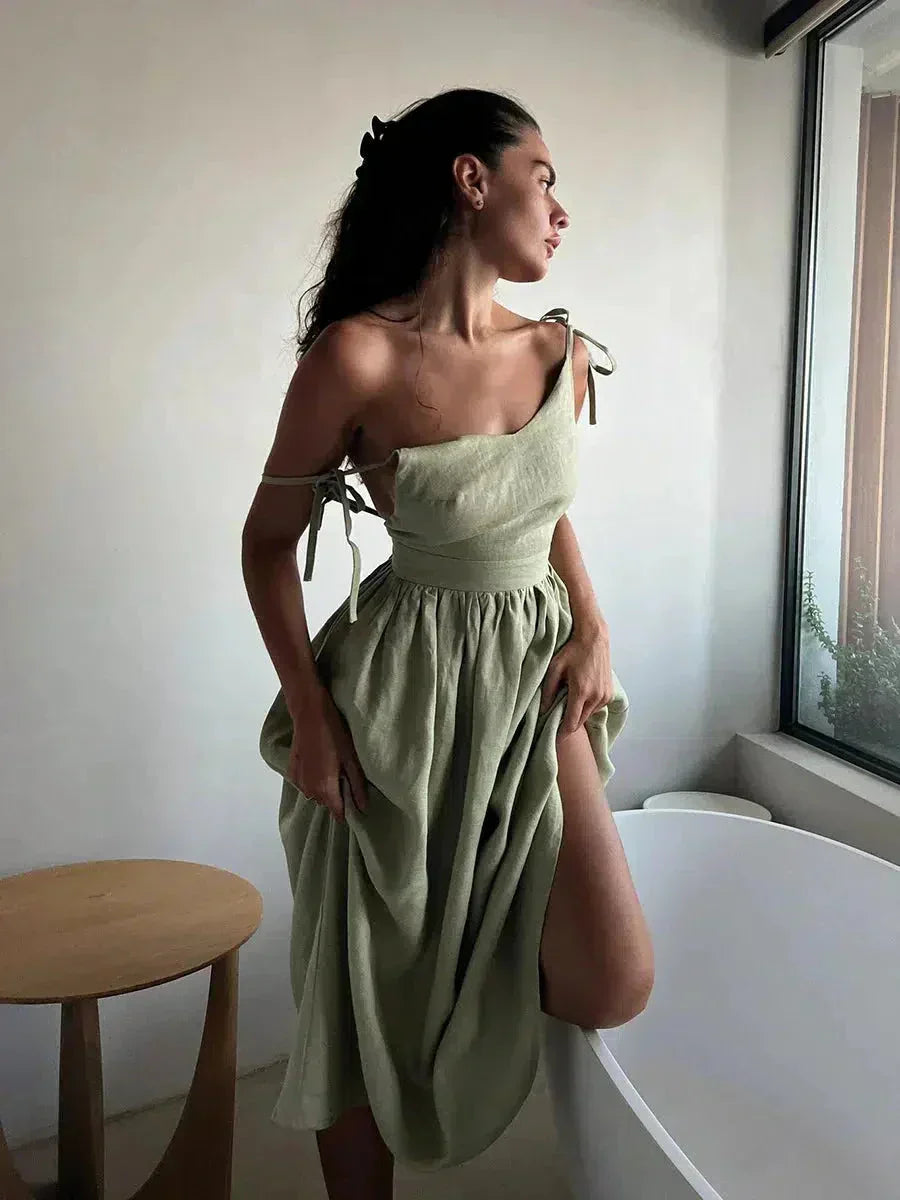 Tie Shoulder Open Back Gathered Linen Look Maxi Dress