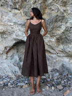 Tie Shoulder Open Back Gathered Linen Look Maxi Dress