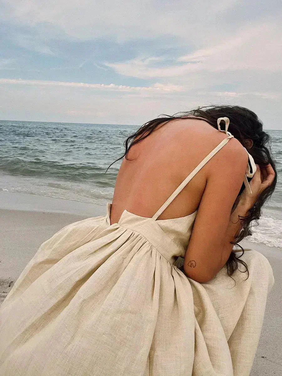 Tie Shoulder Open Back Gathered Linen Look Maxi Dress