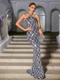 Halter Keyhole Lattice Rhinestone Sequin Mermaid Maxi Dress