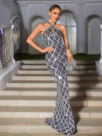 Halter Keyhole Lattice Rhinestone Sequin Mermaid Maxi Dress