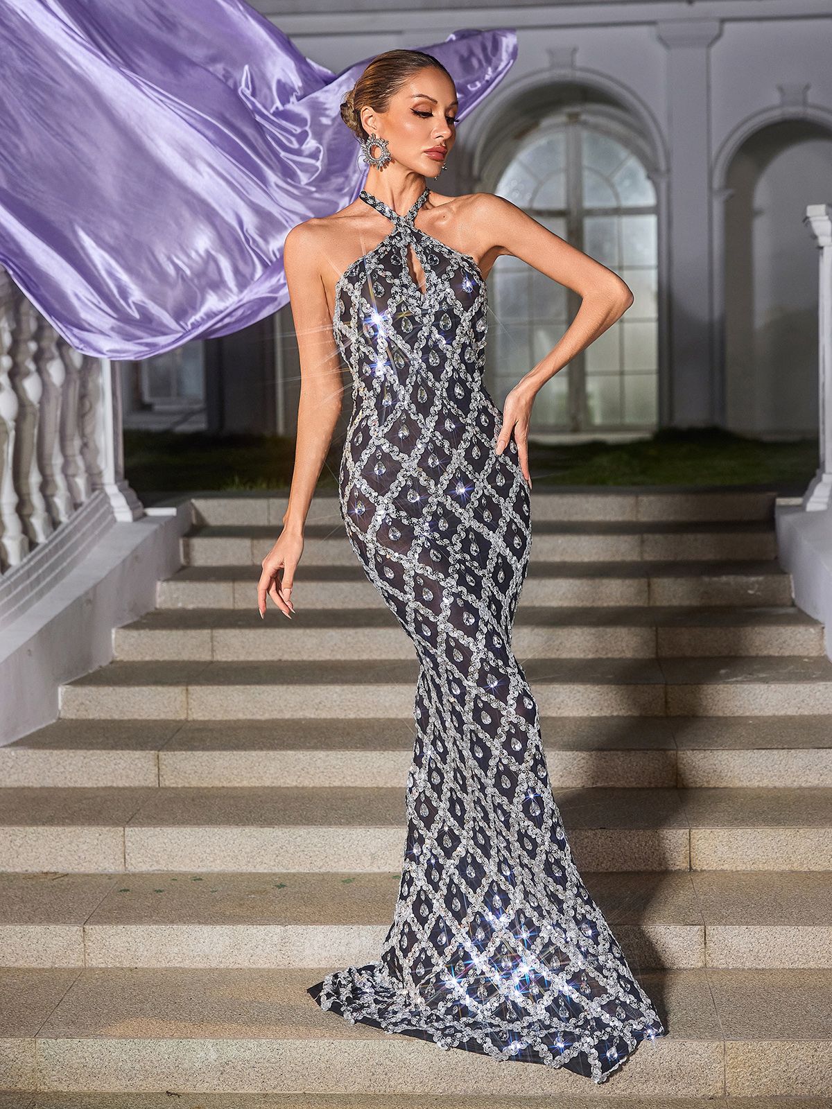 Halter Keyhole Lattice Rhinestone Sequin Mermaid Maxi Dress