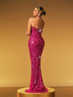 Halter Keyhole Lattice Rhinestone Sequin Mermaid Maxi Dress