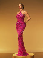 Halter Keyhole Lattice Rhinestone Sequin Mermaid Maxi Dress