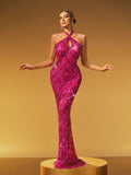 Halter Keyhole Lattice Rhinestone Sequin Mermaid Maxi Dress