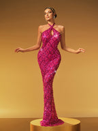 Halter Keyhole Lattice Rhinestone Sequin Mermaid Maxi Dress