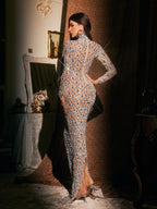 Turtleneck Long Sleeve Lattice Rhinestone Waist Cut Out Mermaid Maxi Dress