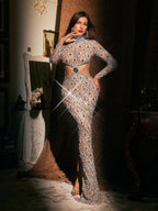 Turtleneck Long Sleeve Lattice Rhinestone Waist Cut Out Mermaid Maxi Dress