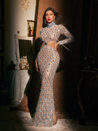 Turtleneck Long Sleeve Lattice Rhinestone Waist Cut Out Mermaid Maxi Dress