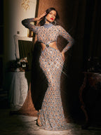 Turtleneck Long Sleeve Lattice Rhinestone Waist Cut Out Mermaid Maxi Dress