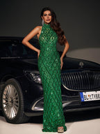 Halter Neck Sequin Lattice Embellished Bodycon Maxi Dress