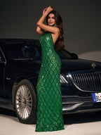 Halter Neck Sequin Lattice Embellished Bodycon Maxi Dress