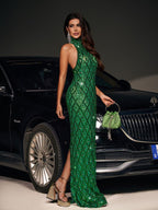 Halter Neck Sequin Lattice Embellished Bodycon Maxi Dress
