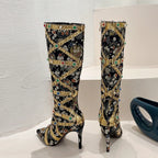 Runway Fashion Color Gem Knee High Handwork Sexy Pointed Toe High Heel