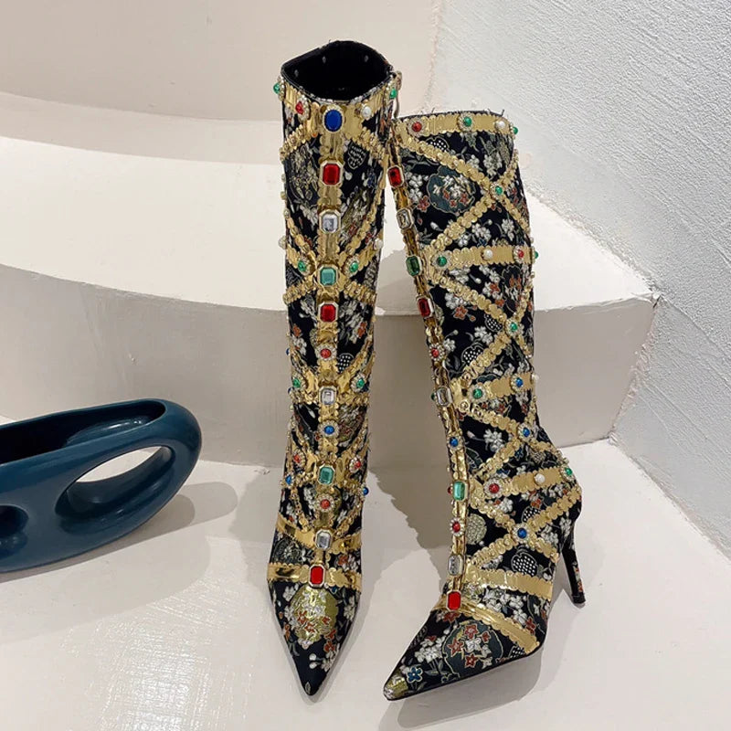 Runway Fashion Color Gem Knee High Handwork Sexy Pointed Toe High Heel
