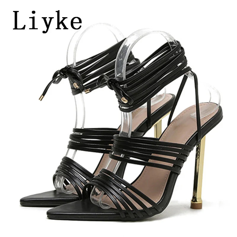 Red Blue Thin High Heels Sandals Size 35-42 Pointed Toe Snake Print Lace Up Shoes Female Pumps Summer Fashion