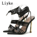 Red Blue Thin High Heels Sandals Size 35-42 Pointed Toe Snake Print Lace Up Shoes Female Pumps Summer Fashion