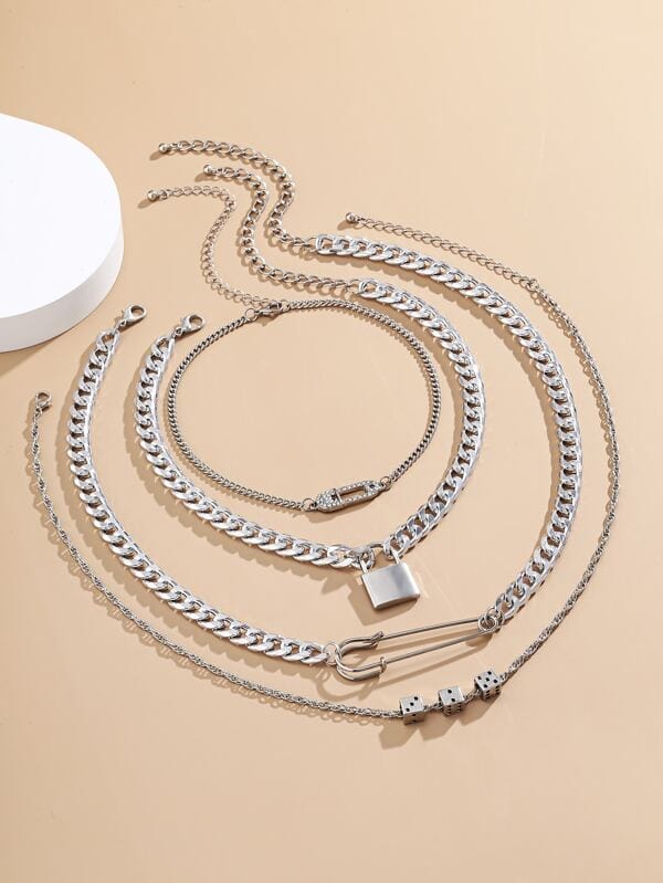 Lock and Key Safety Pin Necklace Set