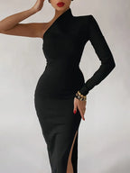 One Shoulder Mock Neck Long Sleeve Side Slit Bodycon Midi Dress