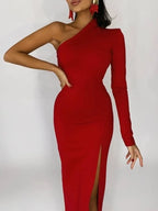 One Shoulder Mock Neck Long Sleeve Side Slit Bodycon Midi Dress