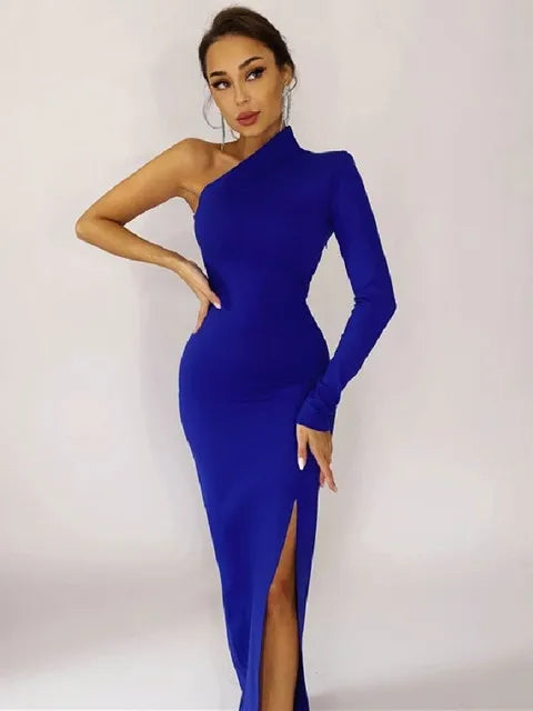 One Shoulder Mock Neck Long Sleeve Side Slit Bodycon Midi Dress