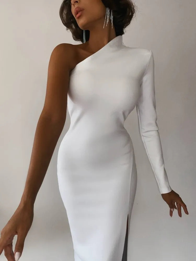 One Shoulder Mock Neck Long Sleeve Side Slit Bodycon Midi Dress