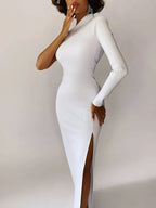 One Shoulder Mock Neck Long Sleeve Side Slit Bodycon Midi Dress