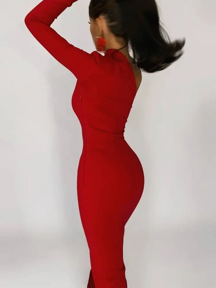 One Shoulder Mock Neck Long Sleeve Side Slit Bodycon Midi Dress