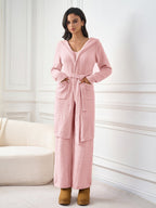 Long Sleeve Pocket Belted Hood Solid Sweater