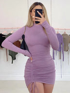 Mock Neck Long Sleeve Ruched Drawstring Side Bodycon Mini Dress