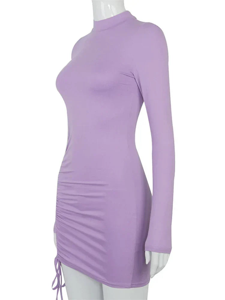 Mock Neck Long Sleeve Ruched Drawstring Side Bodycon Mini Dress