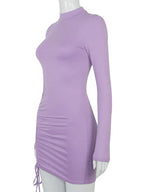 Mock Neck Long Sleeve Ruched Drawstring Side Bodycon Mini Dress