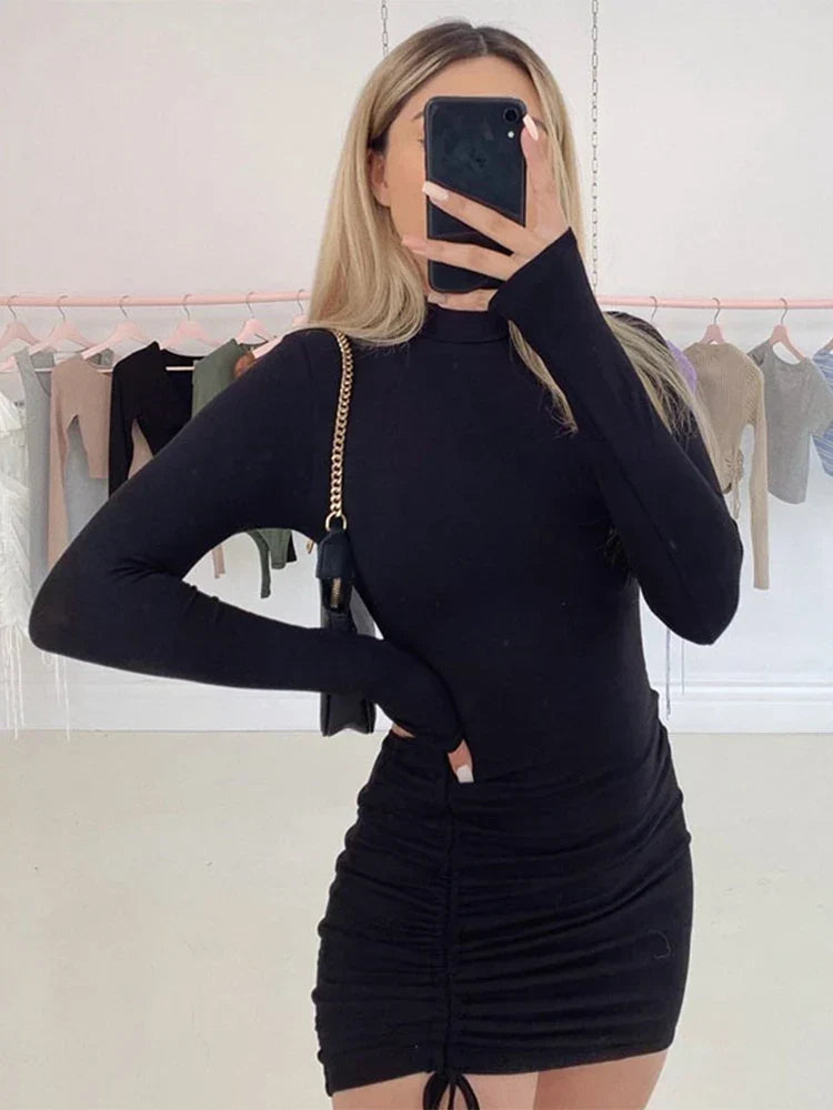 Mock Neck Long Sleeve Ruched Drawstring Side Bodycon Mini Dress