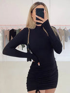 Mock Neck Long Sleeve Ruched Drawstring Side Bodycon Mini Dress
