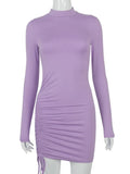 Mock Neck Long Sleeve Ruched Drawstring Side Bodycon Mini Dress