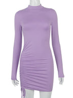 Mock Neck Long Sleeve Ruched Drawstring Side Bodycon Mini Dress