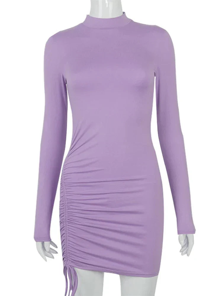 Mock Neck Long Sleeve Ruched Drawstring Side Bodycon Mini Dress