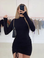 Mock Neck Long Sleeve Ruched Drawstring Side Bodycon Mini Dress