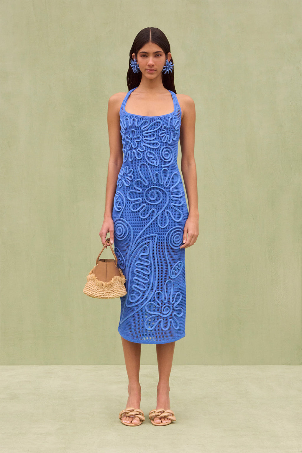 Corded Floral Embroidery Open Mesh Knit Halter Neck Midi Dress
