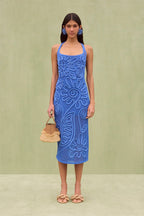 Corded Floral Embroidery Open Mesh Knit Halter Neck Midi Dress
